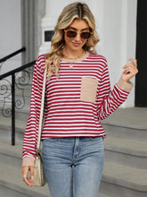 Load image into Gallery viewer, Pocketed Striped Round Neck Long Sleeve Top (multiple color options)
