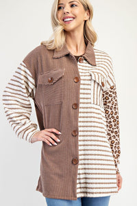 Leopard Contrast Button Up Shacket in Taupe