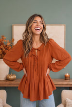 Load image into Gallery viewer, Sipping Apple Cider Tie Neck Blouse
