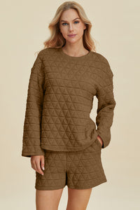 Texture Round Neck Long Sleeve Top and Shorts Set  (multiple color options)