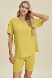 Ribbed V-Neck Short Sleeve Top and Shorts Set (multiple color options)