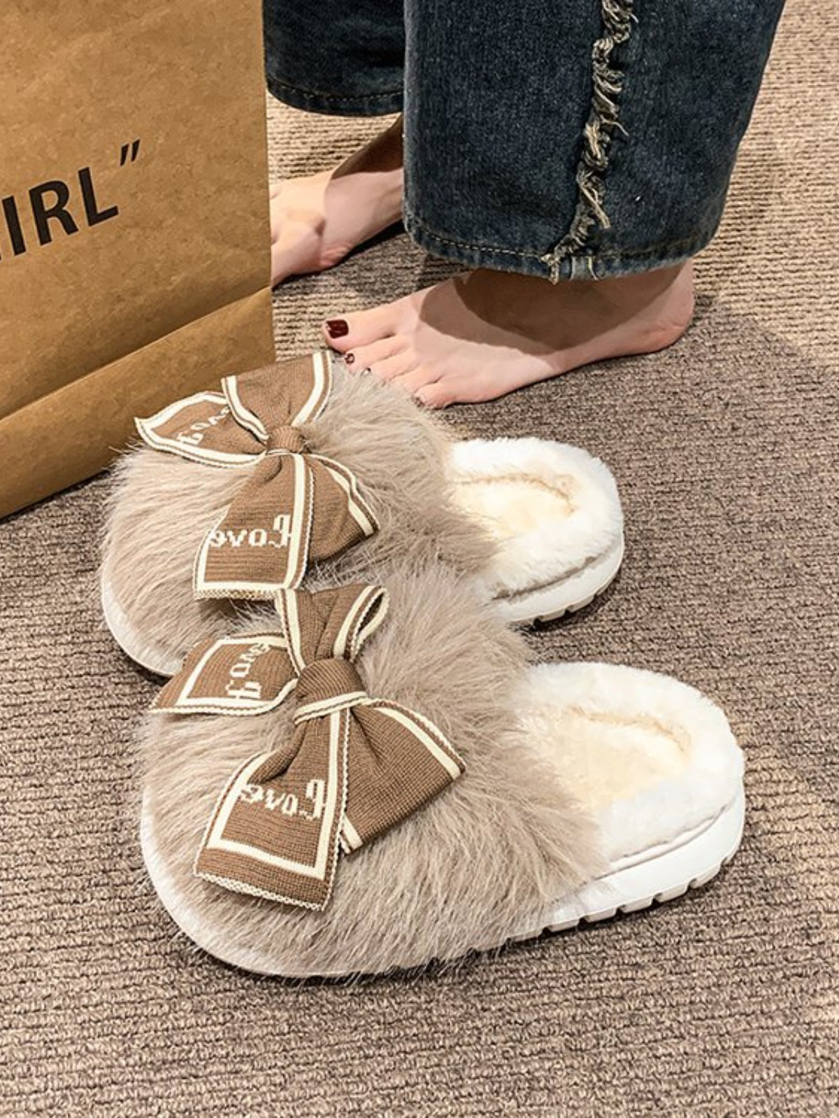 Bow Furry Round Toe Slippers (multiple color options)