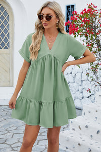 Ruched Tiered V-Neck Short Sleeve Mini Dress (multiple color options)