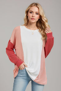 Texture Contrast Round Neck Long Sleeve Top (multiple color options)