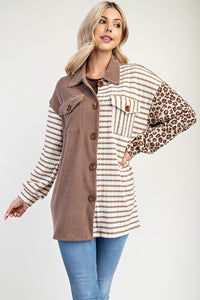 Leopard Contrast Button Up Shacket in Taupe