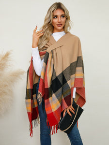 Fringe Contrast Plaid Poncho (multiple color options)