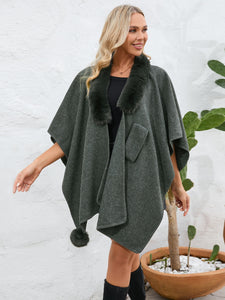 Fuzzy Trim Open Front Poncho (multiple color options)