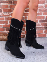 Load image into Gallery viewer, Fringe Suede Point Toe Block Heel Boots  (2 color options)
