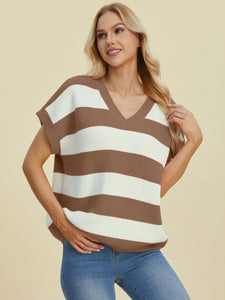 Striped V-Neck Short Sleeve Sweater (multiple color options)