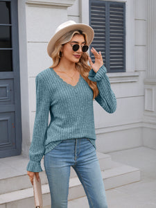 Lace Detail V-Neck Long Sleeve Top (multiple color options)