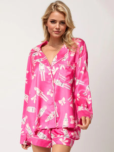 Printed Collared Neck Long Sleeve Top and Shorts Pajama Set (multiple color options)