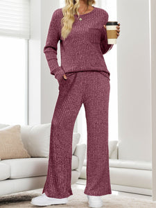 Round Neck Long Sleeve Top and Pants Lounge Set  (multiple color options)