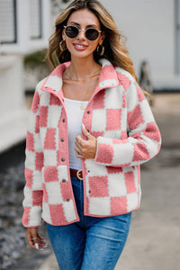 Checkered Snap Down Long Sleeve Teddy Jacket  (multiple color options)