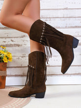 Load image into Gallery viewer, Fringe Suede Point Toe Block Heel Boots  (2 color options)
