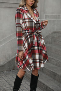 Plaid Tie Waist Long Sleeve Outerwear Dress