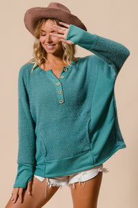 Long Sleeve Top with Kangaroo Pocket in Teal