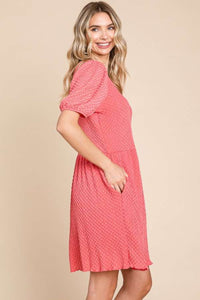 Textured Round Neck Puff Sleeve Dress