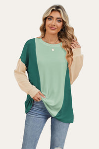 Texture Contrast Round Neck Long Sleeve Top (multiple color options)