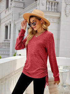 Drawstring V-Neck Long Sleeve Top (multiple color options)