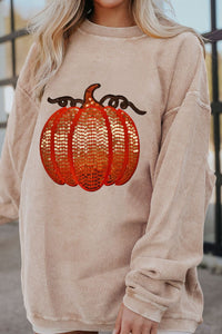 Sequin Pumpkin Round Neck Long Sleeve Sweatshirt (2 color options)