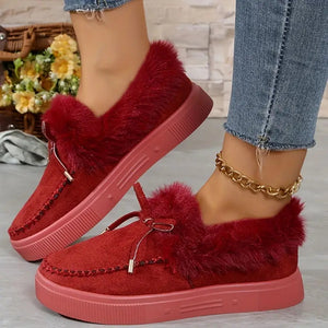 Bow Furry Round Toe Flat Slip-Ons (multiple color options)