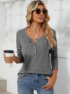 Striped Half Button Long Sleeve Top (multiple color options)