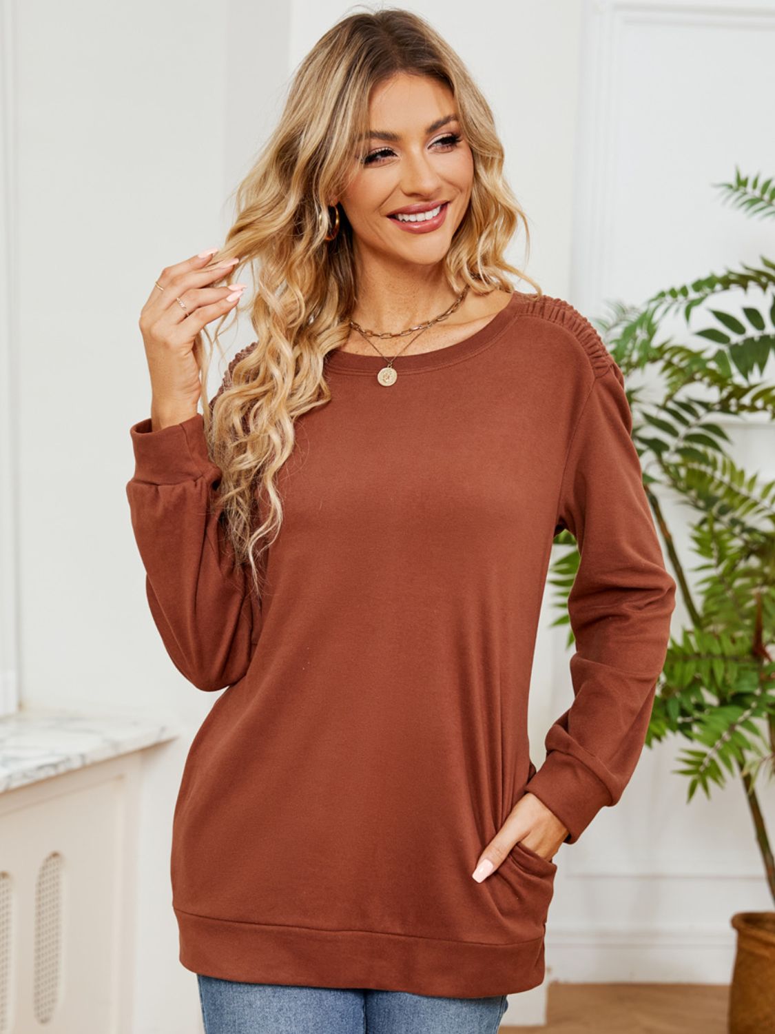 Ruched Shoulder Round Neck Long Sleeve Sweatshirt (multiple color options)