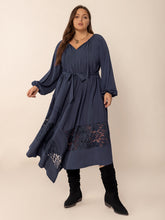 Load image into Gallery viewer, Plus Size Lace Detail Tie Neck Long Sleeve Midi Dress
