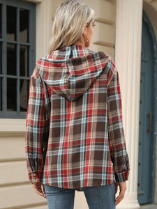 Drawstring Plaid Hooded Long Sleeve Top (multiple color options)