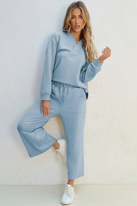 Textured Collared Neck Top and Wide Leg Pants Set (multiple color options)