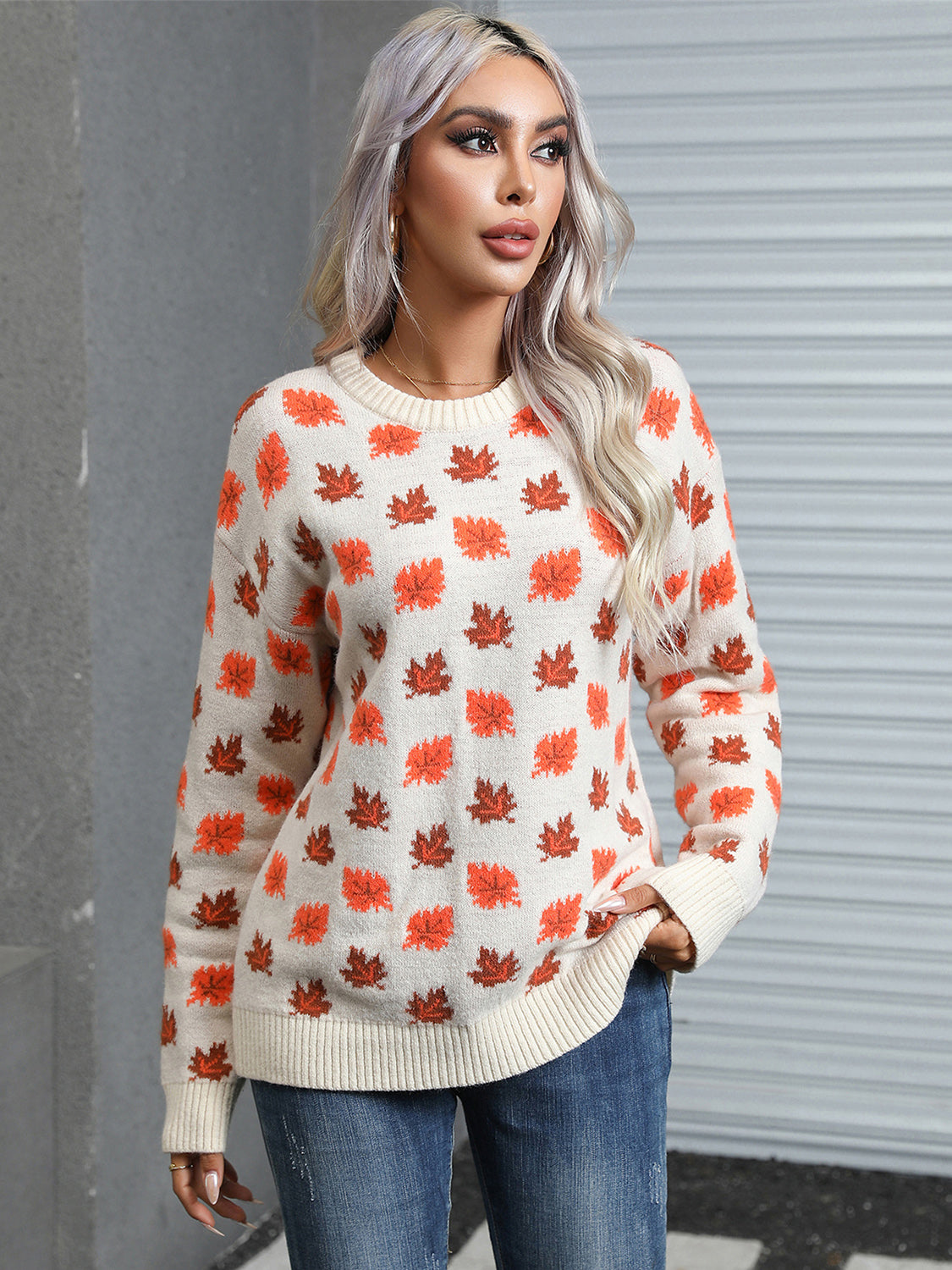 Maple Leaf Round Neck Long Sleeve Sweater (2 color options)