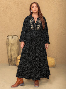 Embroidered Polka Dot Notched Long Sleeve Dress