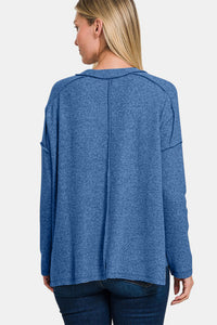 Exposed Seam Brushed Round Neck Sweater in Navy