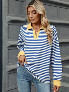 Striped Johnny Collar Long Sleeve Sweatshirt (multiple color options)