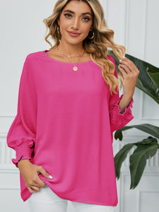 Smocked Lantern Sleeve Round Neck Blouse (multiple color options)