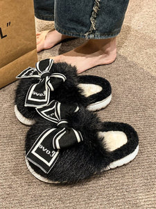 Bow Furry Round Toe Slippers (multiple color options)