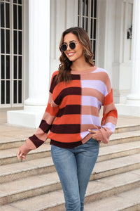 Round Neck Long Sleeve Color Block Dropped Shoulder Sweater (multiple color options)