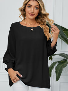 Smocked Lantern Sleeve Round Neck Blouse (multiple color options)