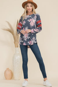 Floral Curved Hem T-Shirt with Stripe Detail