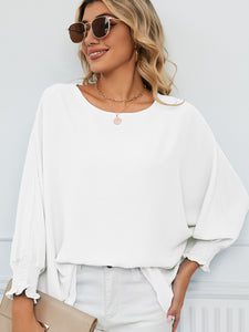 Smocked Lantern Sleeve Round Neck Blouse (multiple color options)