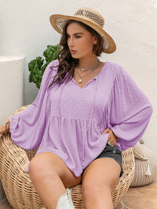 Swiss Dot Tie Neck Long Sleeve Blouse in Pinkish Purple