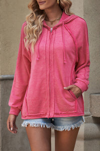 Exposed Seam Zip Up Long Sleeve Drawstring Hoodie (multiple color options)