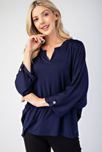 Load image into Gallery viewer, Notched Three-Quarter Sleeve Blouse in Navy
