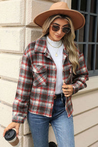 Pocketed Plaid Collared Neck Dropped Shoulder Jacket (multiple color options)