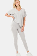 Load image into Gallery viewer, V-Neck Rolled Short Sleeve T-Shirt and Leggings Lounge Set in Lt Cement
