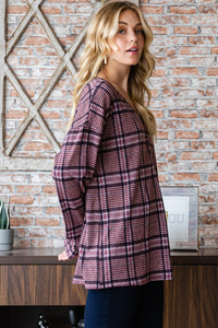 Plaid V-Neck Long Sleeve Top