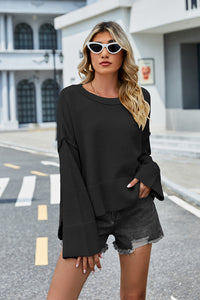 Round Neck Dropped Shoulder Slit Sweater (multiple color options)