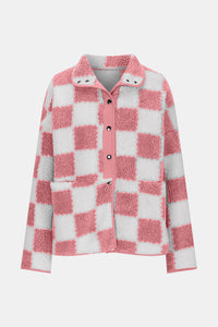 Checkered Snap Down Long Sleeve Teddy Jacket  (multiple color options)