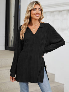 Slit Johnny Collar Long Sleeve Top (multiple color options)