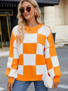 Checkered Round Neck Long Sleeve Sweater (multiple color options)